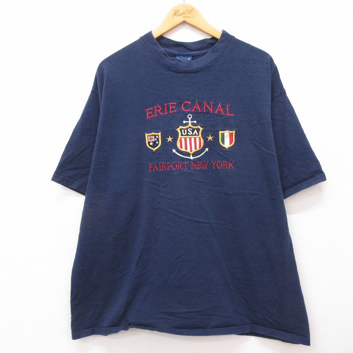 【50%OFF】XL★古着 半袖 ビンテージ Tシャツ メンズ 00年代 00s エリー運河 イカリ USAロゴ 刺繍 大きいサイズ クルーネック 紺 ネイビー 24mar12 中古