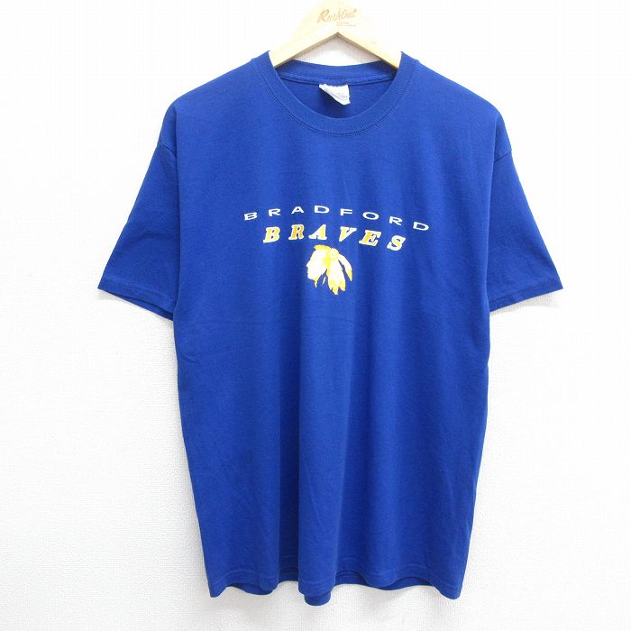 L★古着 ヘインズ Hanes 半袖 ビンテージ Tシャツ メンズ 00年代 00s BRADFORD BRAVES クルーネック 青 ブルー 24mar15 中古