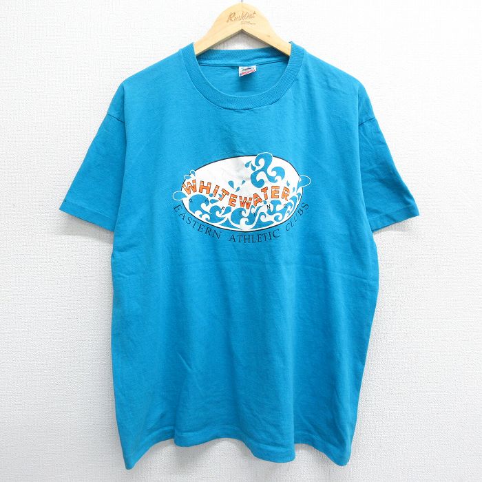 XL★古着 フルーツオブザルーム 半袖 ビンテージ Tシャツ メンズ 90年代 90s ホワイトウォーター ラフティング 大きいサイズ コットン クルーネック USA製 水色 24mar16 中古