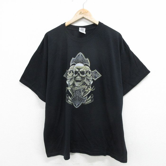 XL★古着 半袖 ビンテージ Tシャツ メンズ 00年代 00s スカル 大きいサイズ クルーネック 黒 ブラック 24mar18 中古