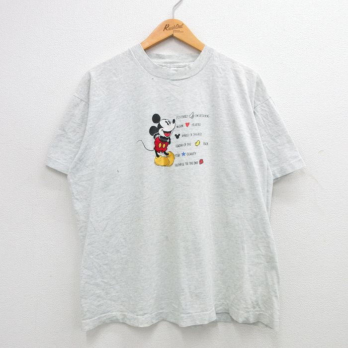 XL★古着 半袖 ビンテージ Tシャツ メンズ 90年代 90s ディズニー DISNEY ミッキー MICKEY MOUSE 大きいサイズ クルーネック USA製 薄グレー 霜降り 24mar19 中古