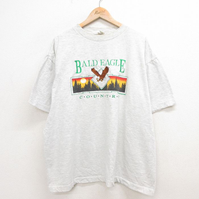 XL★古着 半袖 ビンテージ Tシャツ メンズ 00年代 00s ワシ 刺繍 大きいサイズ コットン クルーネック 薄グレー 霜降り 24mar19 中古