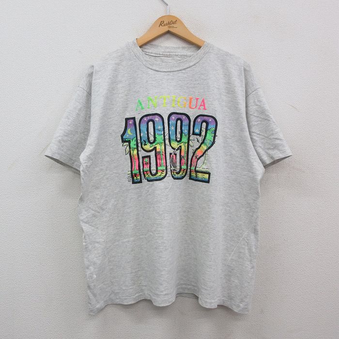 XL★古着 半袖 ビンテージ Tシャツ メンズ 00年代 00s 1992 ヨット ヤシの木 大きいサイズ コットン クルーネック 薄グレー 霜降り 24mar21 中古