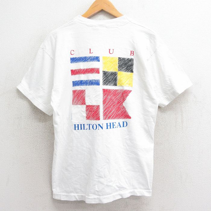 L★古着 フルーツオブザルーム 半袖 ビンテージ Tシャツ メンズ 80年代 80s CLUB HILTON HEAD コットン クルーネック USA製 白 ホワイト 24mar22 中古