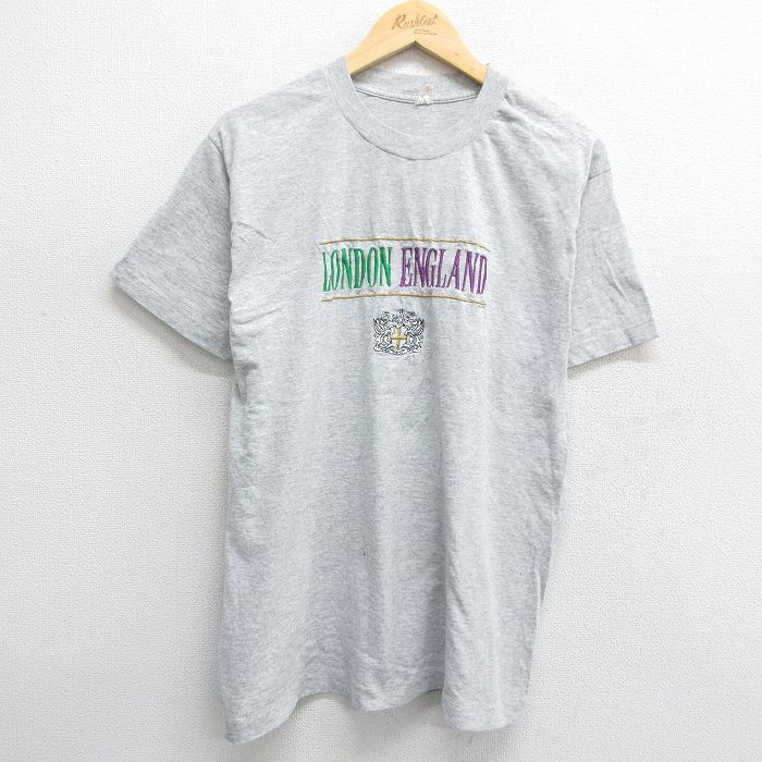 L★古着 半袖 ビンテージ Tシャツ メンズ 90年代 90s ロンドン イングランド 刺繍 クルーネック グレー 霜降り 24mar23 中古
