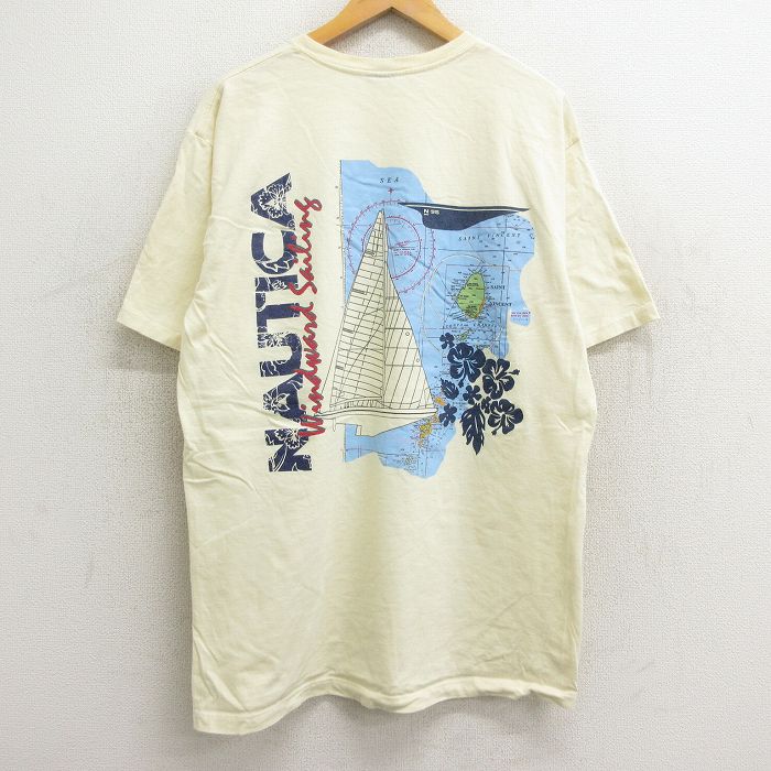 L★古着 ノーティカ NAUTICA 半袖 ビンテージ Tシャツ メンズ 90年代 90s ビッグロゴ ヨット 地図 胸ポケット付き コットン クルーネック USA製 薄黄 イエロー 24mar25 中古