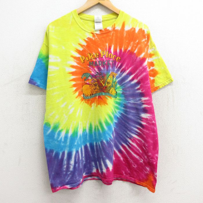 XL★古着 半袖 ビンテージ Tシャツ メンズ 90年代 90s 野菜 パイクプレイスマーケット 大きいサイズ コットン クルーネック 黄他 イエロー タイダイ 24mar27 中古