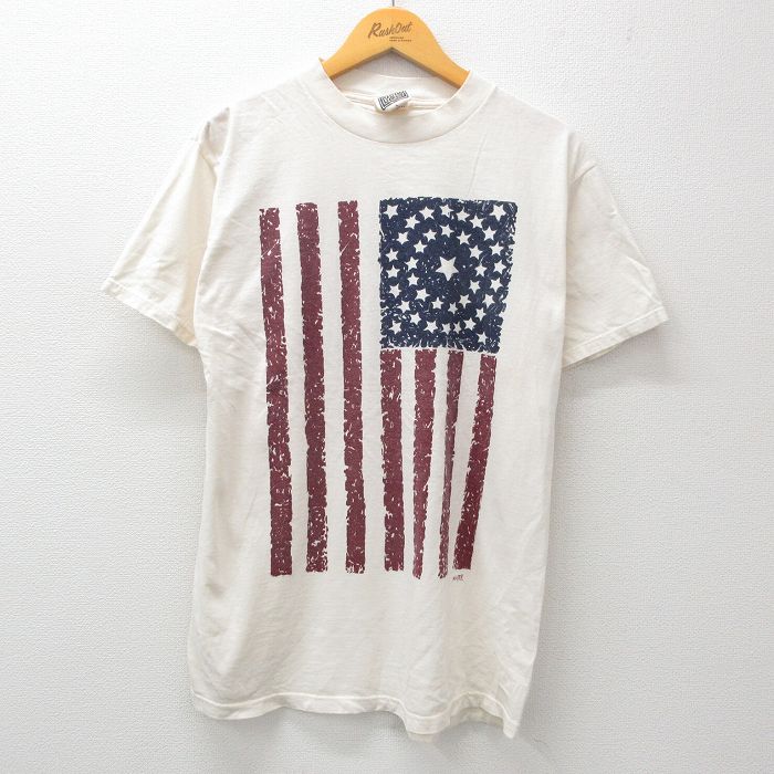 【50%OFF】L★古着 半袖 ビンテージ Tシャツ メンズ 90年代 90s 星条旗 コットン クルーネック 生成り 24mar29 中古