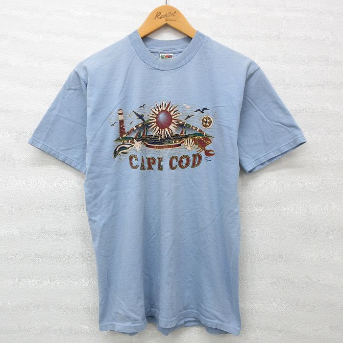 M★古着 フルーツオブザルーム 半袖 ビンテージ Tシャツ メンズ 90年代 90s ケープコッド 灯台 コットン クルーネック 薄紺 ネイビー 24mar29 中古
