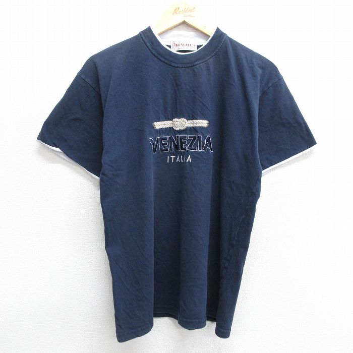 M★古着 半袖 ビンテージ Tシャツ メンズ 00年代 00s ベネチア 刺繍 クルーネック イタリア製 紺 ネイビー 24mar30 中古