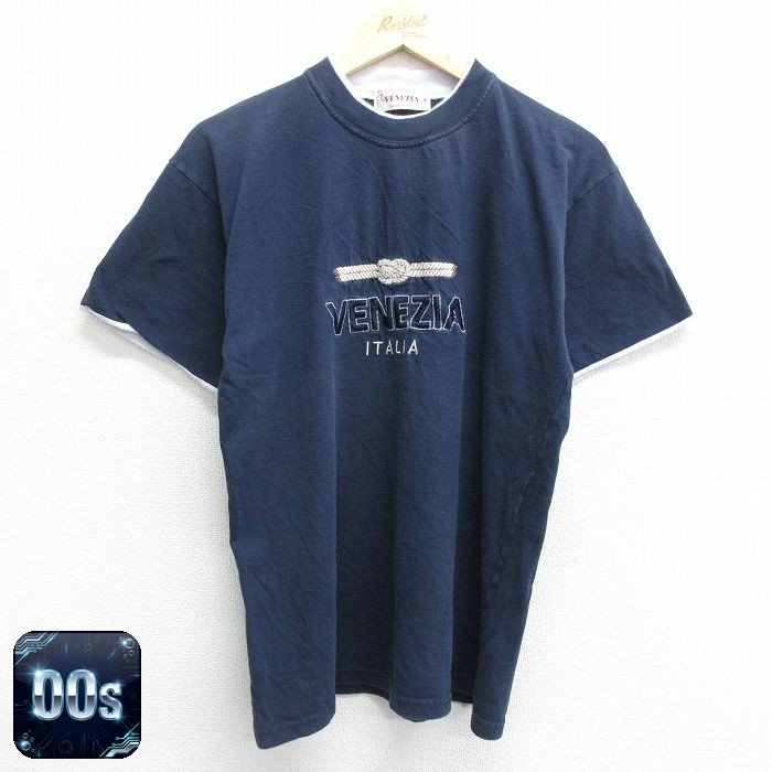 00s 半袖Tシャツ ベネチア刺繍 ネイビー M | 古着
