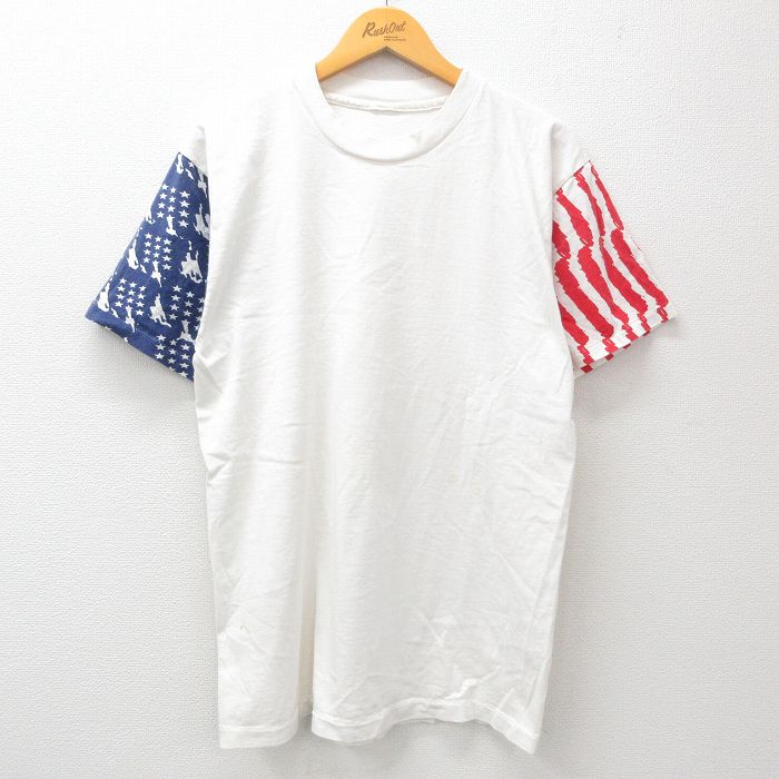 L★古着 半袖 ビンテージ Tシャツ メンズ 90年代 90s 星条旗 クルーネック 白 ホワイト 24apr03 中古