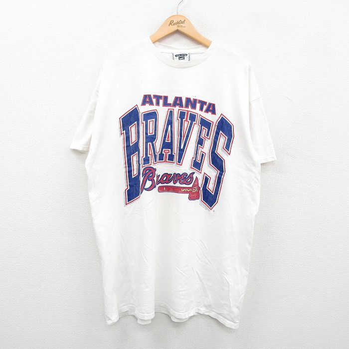 【50%OFF】XL★古着 リー Lee 半袖 ビンテージ Tシャツ メンズ 90年代 90s MLB アトランタブレーブス 大きいサイズ ロング丈 コットン クルーネック USA製 白 ホワイト 24apr04 中古