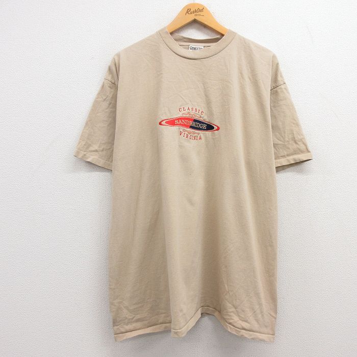 XL★古着 オニータ ONEITA 半袖 ビンテージ Tシャツ メンズ 90年代 90s サンドブリッジ 刺繍 大きいサイズ コットン クルーネック ベージュ カーキ 24apr04 中古