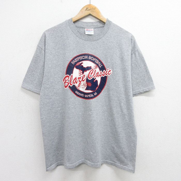 L★古着 ヘインズ Hanes 半袖 ビンテージ Tシャツ メンズ 00年代 00s ソフトボール クルーネック グレー 霜降り 24apr04 中古