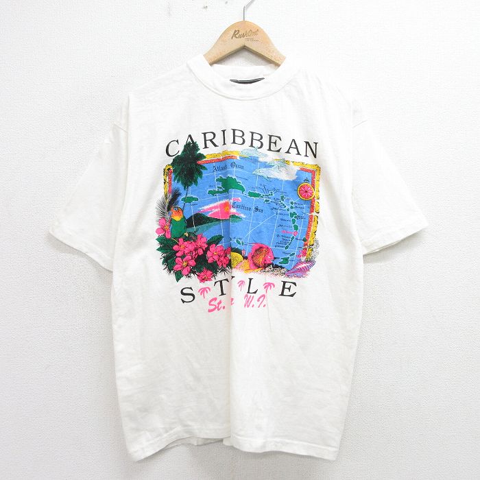 XL★古着 半袖 ビンテージ Tシャツ メンズ 90年代 90s 地図 カリビアン 大きいサイズ クルーネック 白 ホワイト 24apr09 中古