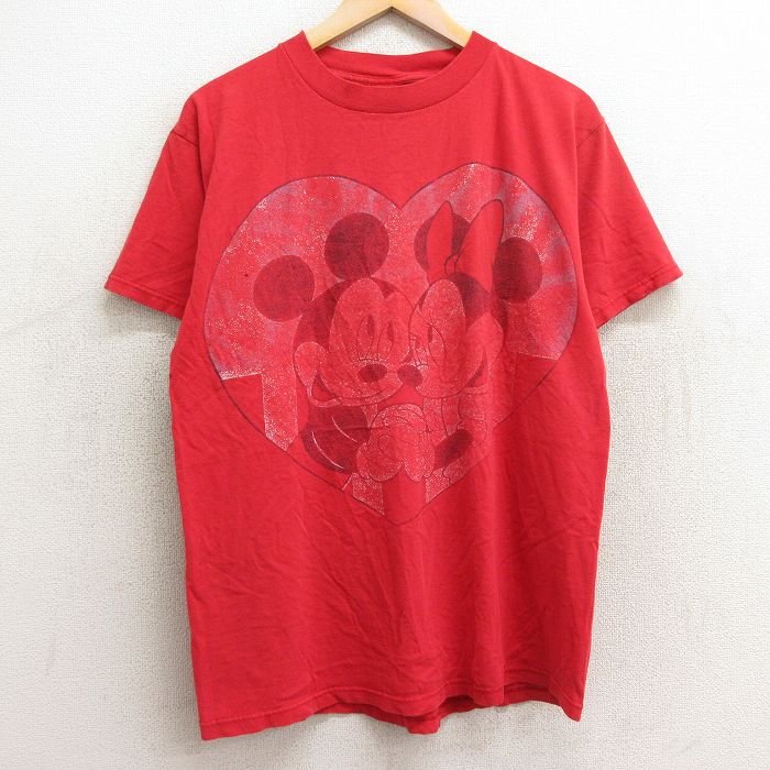 【30%OFF】XL★古着 半袖 ビンテージ Tシャツ メンズ 90年代 90s ディズニー DISNEY ミッキー MICKEY MOUSE ミニー コットン クルーネック USA製 赤 レッド 24apr05 中古