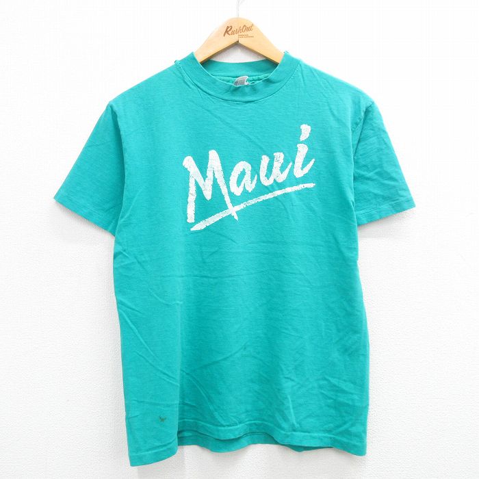【50%OFF】M★古着 ヘインズ Hanes 半袖 ビンテージ Tシャツ メンズ 80年代 80s マウイ コットン クルーネック USA製 青緑 24apr06 中古