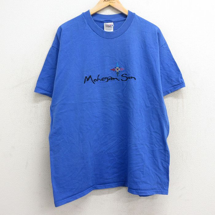 XL★古着 ヘインズ Hanes 半袖 ビンテージ Tシャツ メンズ 00年代 00s モヒガンサン 刺繍 大きいサイズ コットン クルーネック 青 ブルー 24apr08 中古