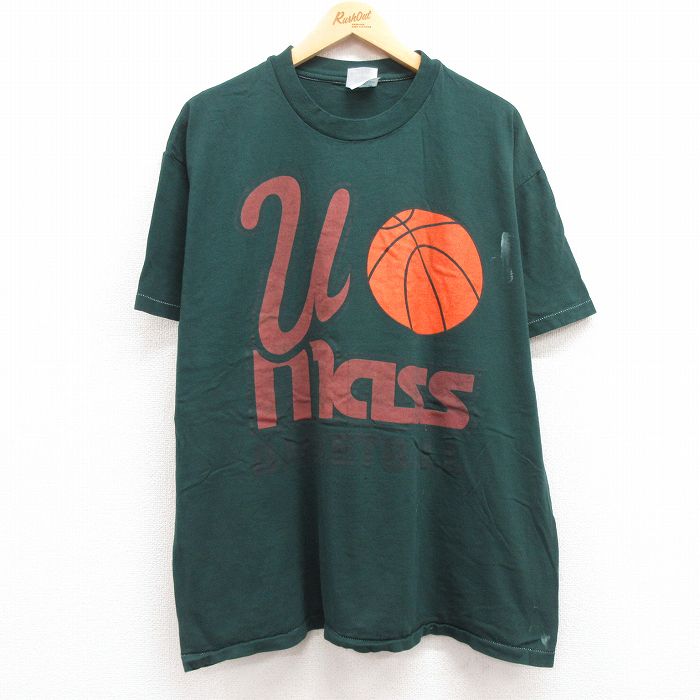 XL★古着 ヘインズ Hanes 半袖 ビンテージ Tシャツ メンズ 90年代 90s バスケットボール Umass 大きいサイズ コットン クルーネック USA製 緑 グリーン 24apr08 中古