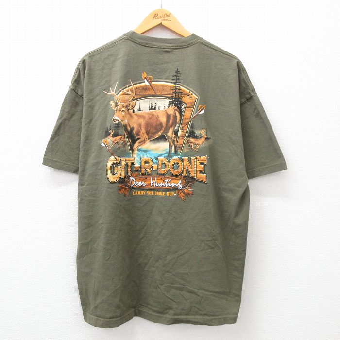 XL★古着 半袖 ビンテージ Tシャツ メンズ 00年代 00s シカ 大きいサイズ コットン クルーネック 緑 グリーン 24apr11 中古