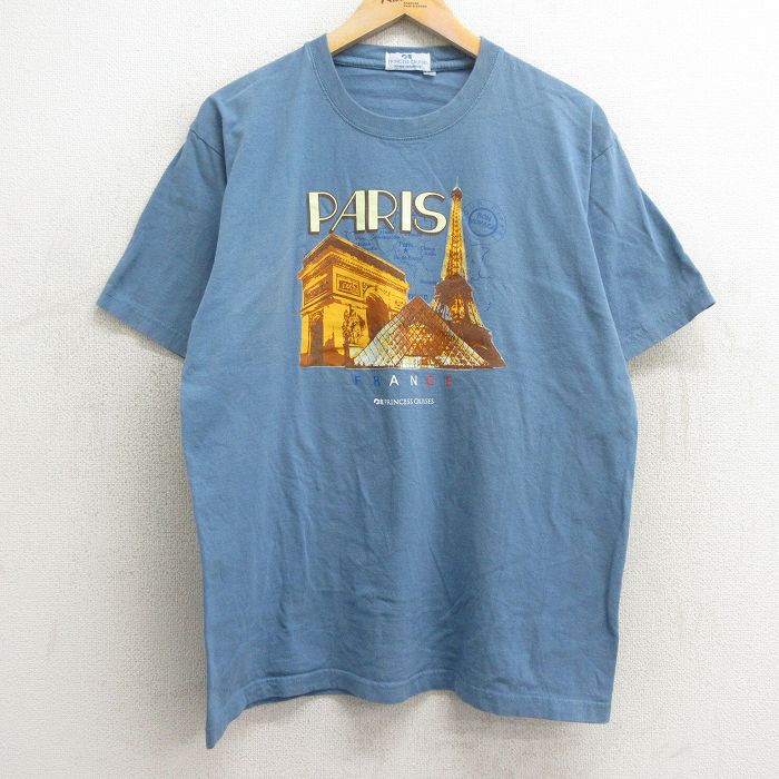 L★古着 半袖 ビンテージ Tシャツ メンズ 00年代 00s 凱旋門 エッフェル塔 パリ コットン クルーネック 薄紺 ネイビー 24apr15 中古