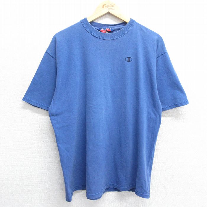 【50%OFF】XL★古着 チャンピオン Champion 半袖 ビンテージ Tシャツ メンズ 00年代 00s ワンポイントロゴ クルーネック 青 ブルー 24apr15 中古