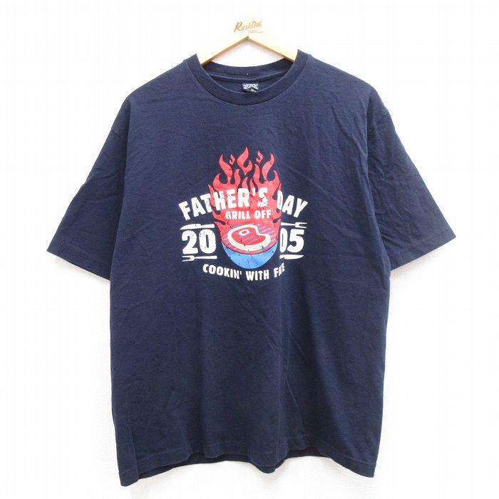 XL★古着 半袖 ビンテージ Tシャツ メンズ 00年代 00s 肉 火 コットン クルーネック 紺 ネイビー 24apr15 中古