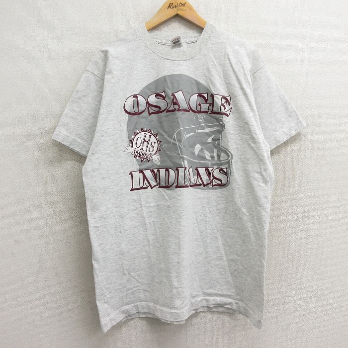 XL★古着 フルーツオブザルーム 半袖 ビンテージ Tシャツ メンズ 90年代 90s オーセージインディアンス フットボール クルーネック USA製 薄グレー 霜降り 24apr16 中古