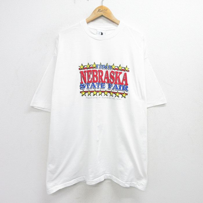 XL★古着 半袖 ビンテージ Tシャツ メンズ 90年代 90s ネブラスカ 大きいサイズ ロング丈 コットン クルーネック USA製 白 ホワイト 24apr16 中古