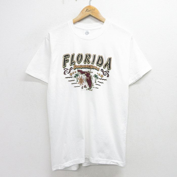 L★古着 半袖 ビンテージ Tシャツ メンズ 90年代 90s フロリダ 地図 コットン クルーネック USA製 白 ホワイト 24apr16 中古