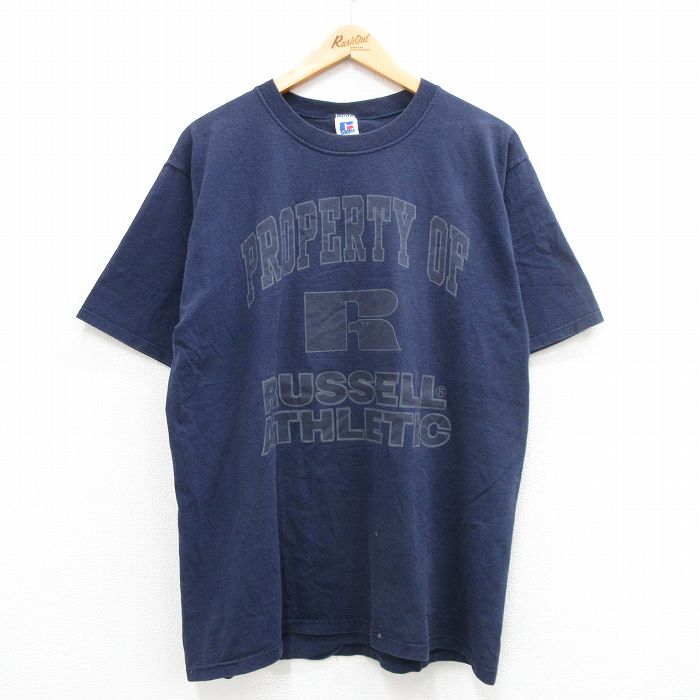 L★古着 ラッセル 半袖 ビンテージ Tシャツ メンズ 90年代 90s ビッグロゴ コットン クルーネック USA製 紺 ネイビー 【spe】 24apr16 中古