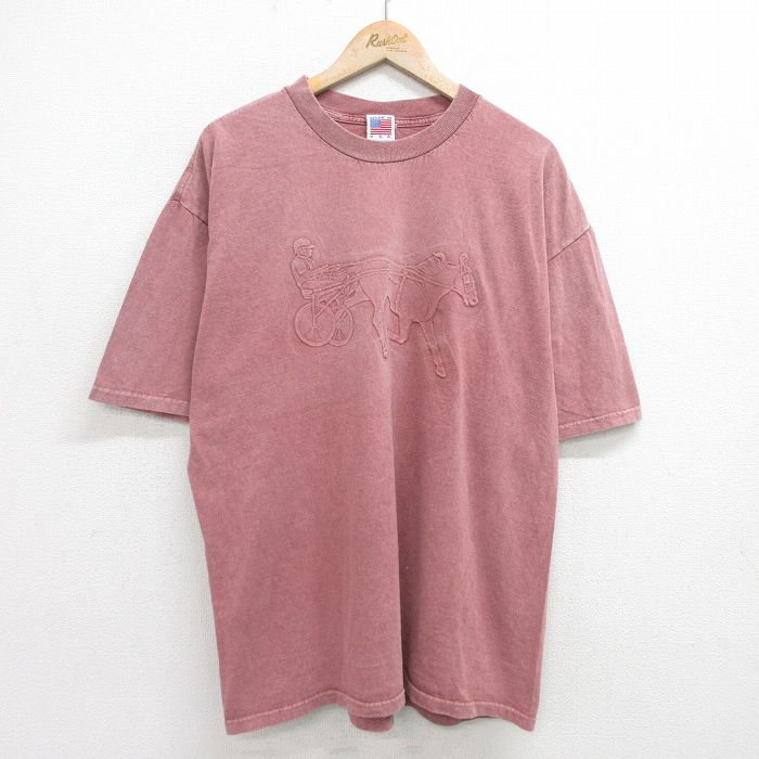 XL★古着 半袖 ビンテージ Tシャツ メンズ 90年代 90s 馬車 大きいサイズ コットン クルーネック USA製 エンジ 霜降り 24apr16 中古
