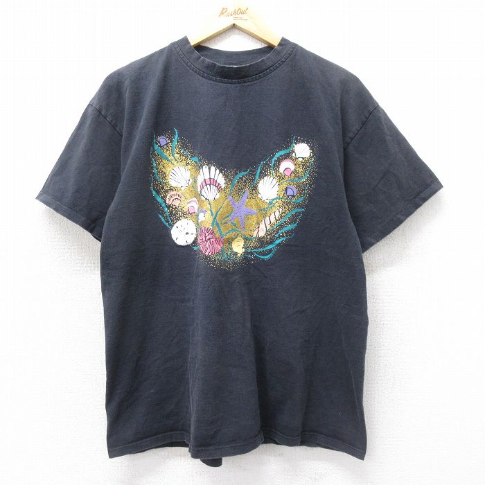 【50%OFF】XL★古着 半袖 ビンテージ Tシャツ メンズ 90年代 90s 貝 ヒトデ ラメ コットン クルーネック USA製 黒 ブラック 24apr17 中古