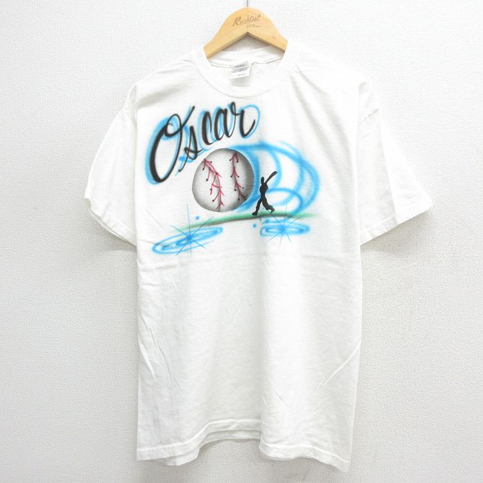 L★古着 半袖 ビンテージ Tシャツ メンズ 00年代 00s Oscar 野球 ハンドペイント エアブラシ コットン クルーネック 白 ホワイト 24apr17 中古