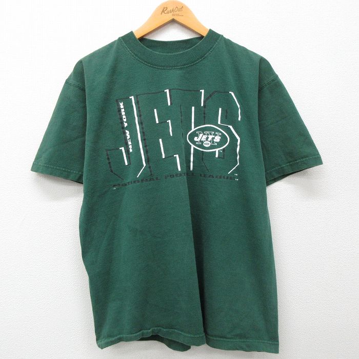 L★古着 マジェスティック 半袖 ビンテージ Tシャツ メンズ 90年代 90s NFL ニューヨークジェッツ コットン クルーネック 緑 グリーン アメフト スーパーボウル 24apr18 中古