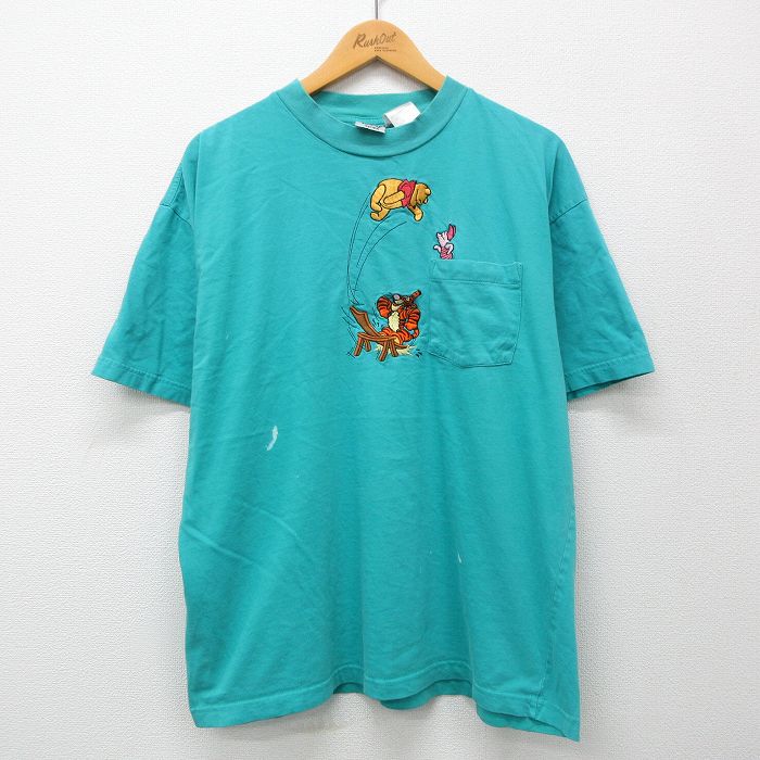 XL★古着 半袖 ビンテージ Tシャツ メンズ 90年代 90s ディズニー DISNEY くまのプーさん ティガー ピグレット 刺繍 胸ポケット付き 大きいサイズ コットン クルーネック 青緑 【spe】 24apr22 中古