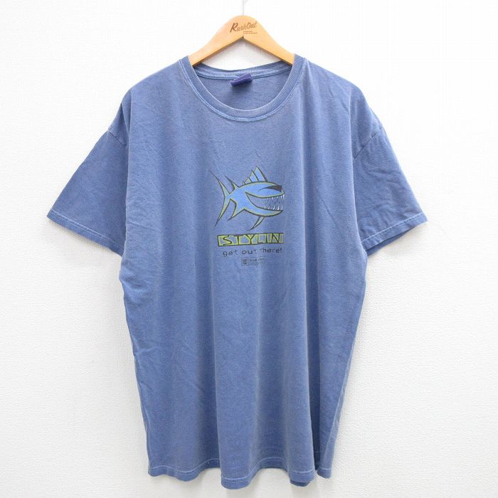 XL★古着 ヘインズ Hanes 半袖 ビンテージ Tシャツ メンズ 00年代 00s 魚 STYLIN 大きいサイズ コットン クルーネック 紺 ネイビー 霜降り 24apr24 中古