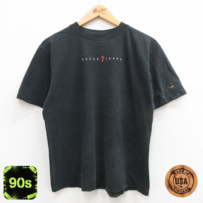 【50%OFF】ゲス 90s 半袖Tシャツ ワンポイントロゴ ブラック L | 古着