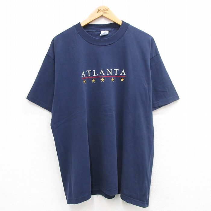 【50%OFF】XL★古着 半袖 ビンテージ Tシャツ メンズ 90年代 90s アトランタ 刺繍 大きいサイズ コットン クルーネック USA製 紺 ネイビー 24apr24 中古