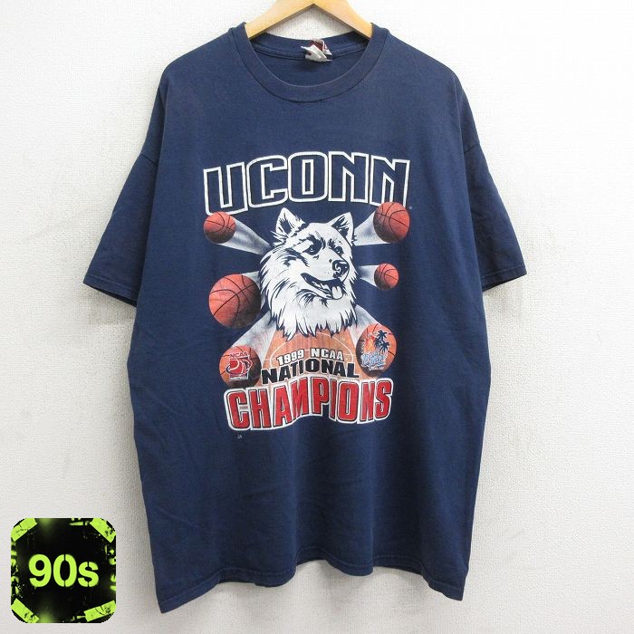 90s 半袖Tシャツ コネチカットハスキーズバスケットボール ネイビー XL | 古着