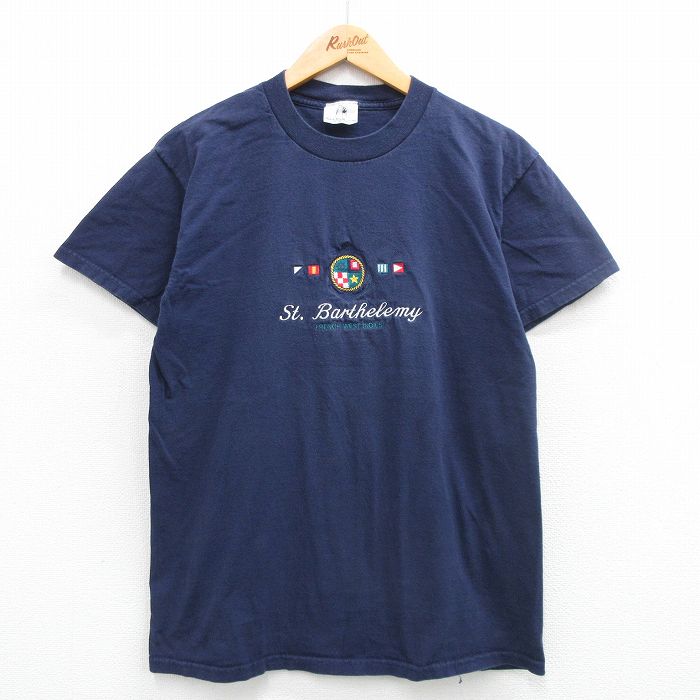 L★古着 半袖 ビンテージ Tシャツ メンズ 90年代 90s サンバルテルミー 刺繍 コットン クルーネック USA製 紺 ネイビー 24may06 中古