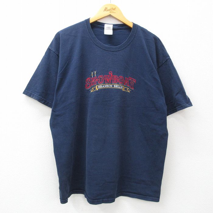 XL★古着 半袖 ビンテージ Tシャツ メンズ 00年代 00s ショウボート ブランリンベル 刺繍 大きいサイズ コットン クルーネック 紺 ネイビー 24may06 中古