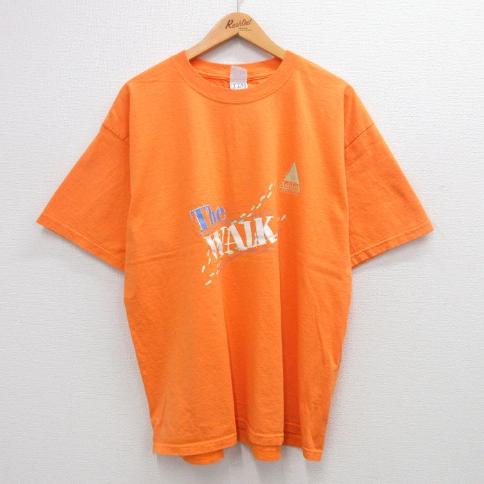 XL★古着 半袖 ビンテージ Tシャツ メンズ 00年代 00s THE WALK 足跡 大きいサイズ コットン クルーネック オレンジ 24may08 中古