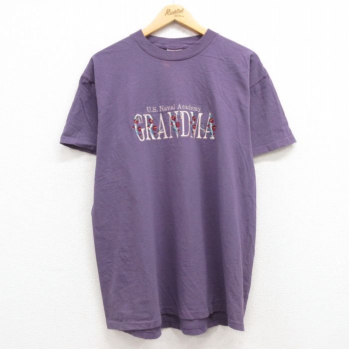 XL★古着 半袖 ビンテージ Tシャツ メンズ 90年代 90s GRANDMA 花 刺繍 コットン クルーネック USA製 紫 パープル 24may11 中古