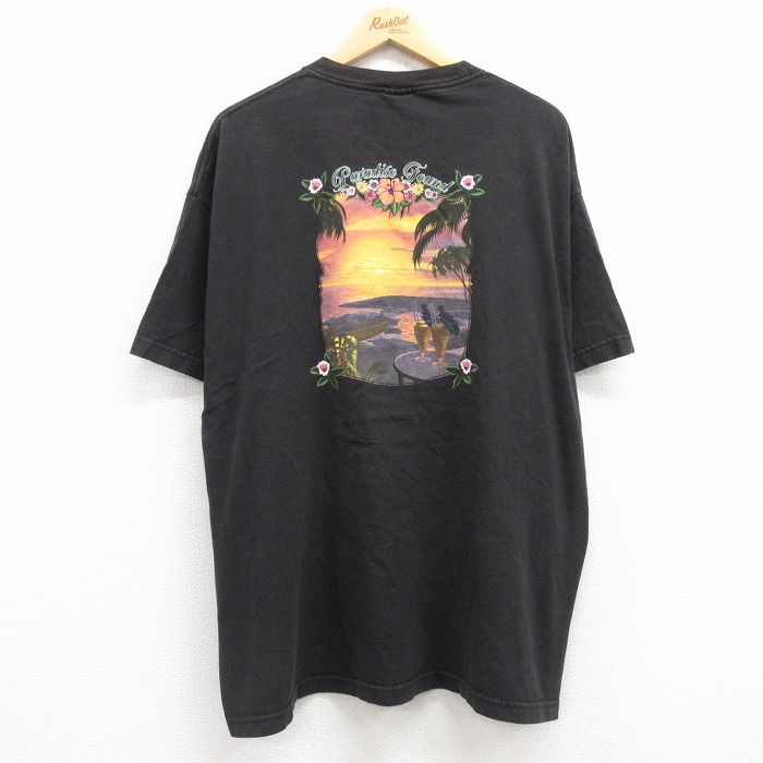 XL★古着 半袖 ビンテージ Tシャツ メンズ 00年代 00s ハイビスカス ヤシの木 海 大きいサイズ コットン クルーネック 黒 ブラック 24may11 中古