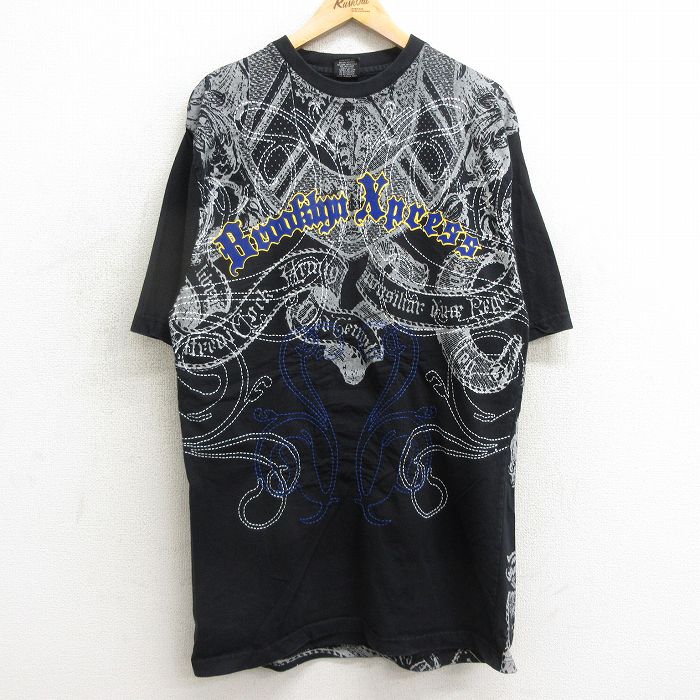 XL★古着 半袖 ビンテージ Tシャツ メンズ 00年代 00s Brooklyn Xpress ロング丈 コットン クルーネック 黒他 ブラック 24may11 中古