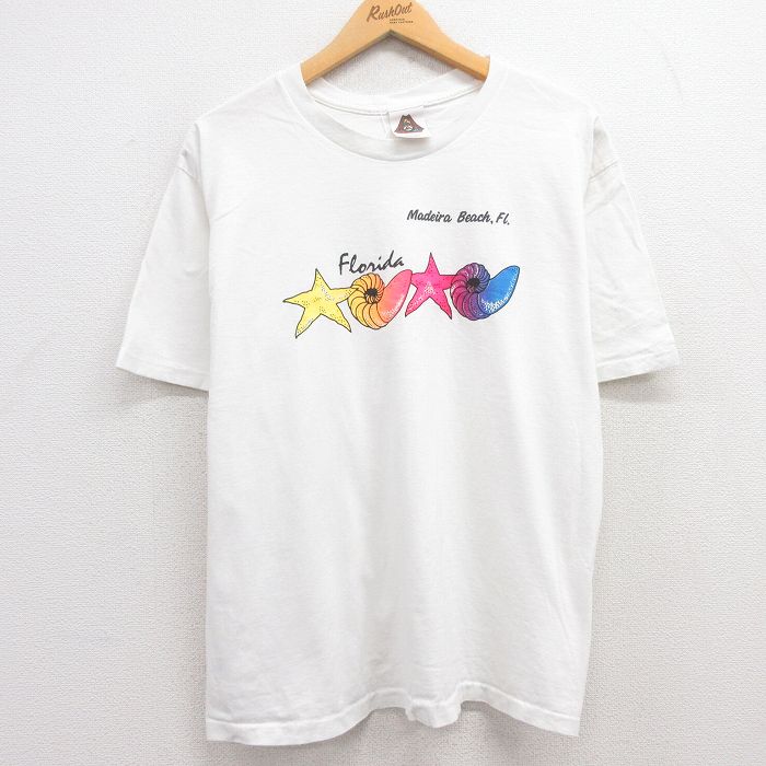 L★古着 半袖 ビンテージ Tシャツ メンズ 90年代 90s ヒトデ 貝殻 コットン クルーネック USA製 白 ホワイト 24may13 中古