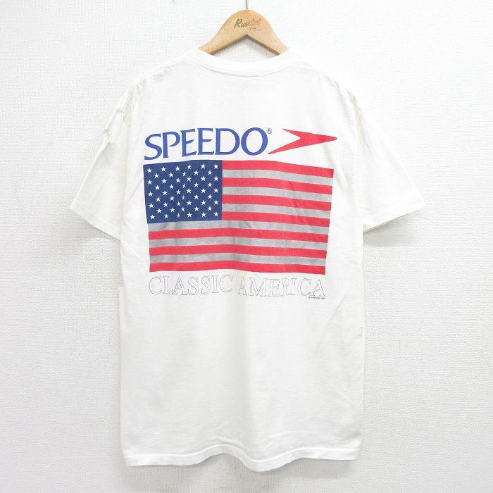 L★古着 スピード SPEEDO 半袖 ビンテージ Tシャツ メンズ 90年代 90s 星条旗 ボロ コットン クルーネック USA製 白 ホワイト 【spe】 24may14 中古