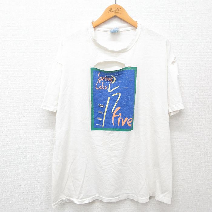 XL★古着 ヘインズ Hanes 半袖 ビンテージ Tシャツ メンズ 90年代 90s スプリングレイク ボロ 大きいサイズ コットン クルーネック USA製 白 ホワイト 24may15 中古